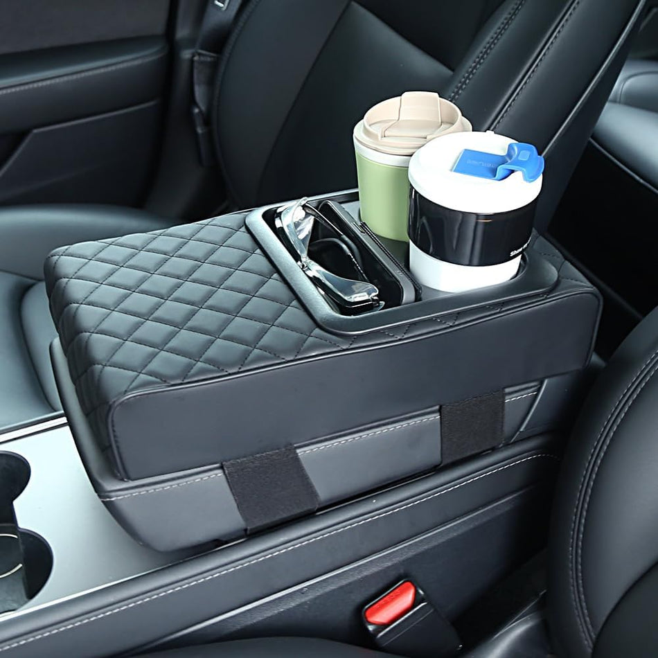 Car Armrest Cushion - Multifunctional Faux Leather Armrest Cushion with Cup Holder and Phone Storage for All cars