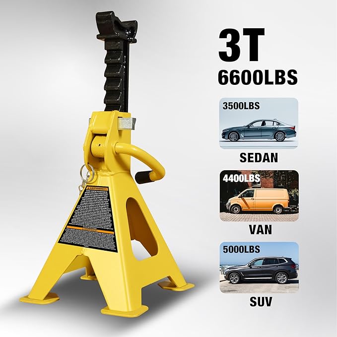 Yellow Jacket 3-Ton Car Jack Stands – Heavy-Duty Steel with Dual Locking System and Large Base (Pair), Yellow