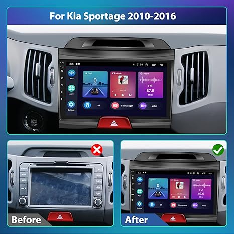 Android Screen for KIA Sportage 2010 : 2014  – 9 inches – Supported apple car play &amp; android auto wireless – GPS – DSP – Bluetooth – WIFI – Radio