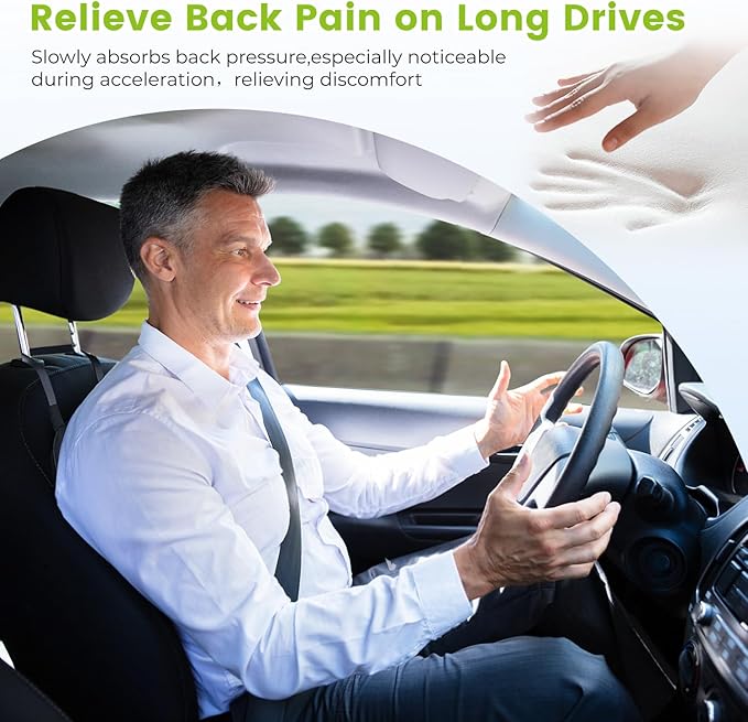 Lumbar Support Pillow for Car-Car Back Support-Memory Foam Car Lumbar Support for Driving Fatigue/Back Pain Relief - Dual Straps Better Fix The Car Cushion -Black