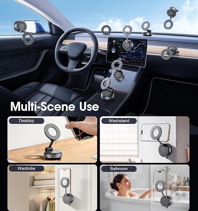 Upgraded Suction Cup Phone Mount Nano Gel 360° Vacuum Magnetic Car Phone Holders for Your Car 110LBS Reinforced Mount for MagSafe Gym/Mirror for iPhone & Android