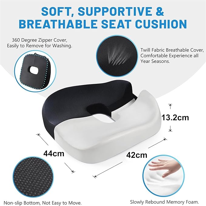 Memory Foam Seat Cushion, Emeralune Ergonomic Seat Cushion, Premium Memory Foam Chair Pad with Anti-Slip Base for Long Hours Sitting Comfort, Hip Support Pillow for Office Chair, Car Seat, Home Use