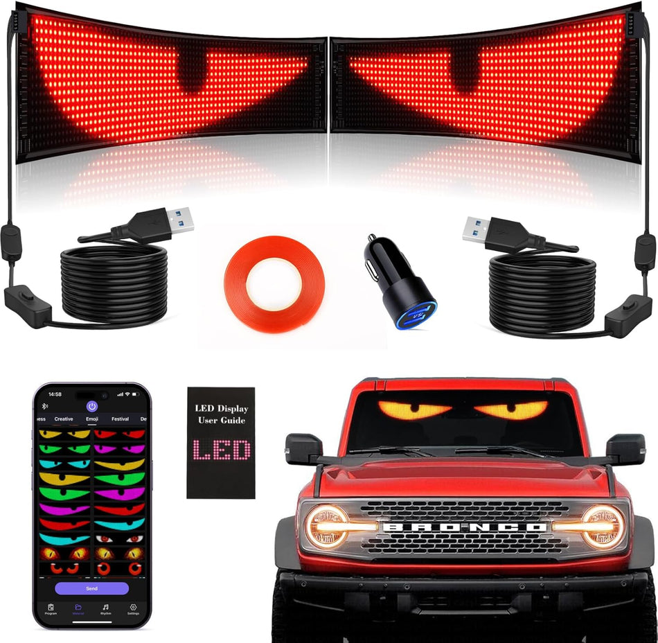 Rayhome 2PCS Synchronized Devil Eyes Light, 15''x4'' Full Color Big Eye Flex Signs for Windshield, Programmable LED Display for Car, Scrolling Led Light Sign for Car Window