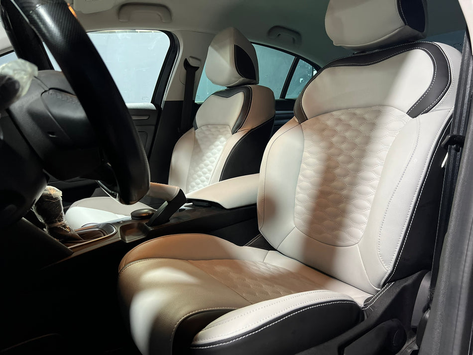 German Leather Car Seat Covers for Megan 4  – Custom Fit & Luxury Design – Light-Beige with black